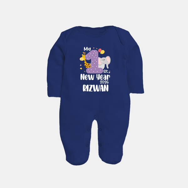 My 1st New Year 2026 – Animal Theme | Personalised Fullbody Suit   - NAVY BLUE - New Born (Chest 7.5")