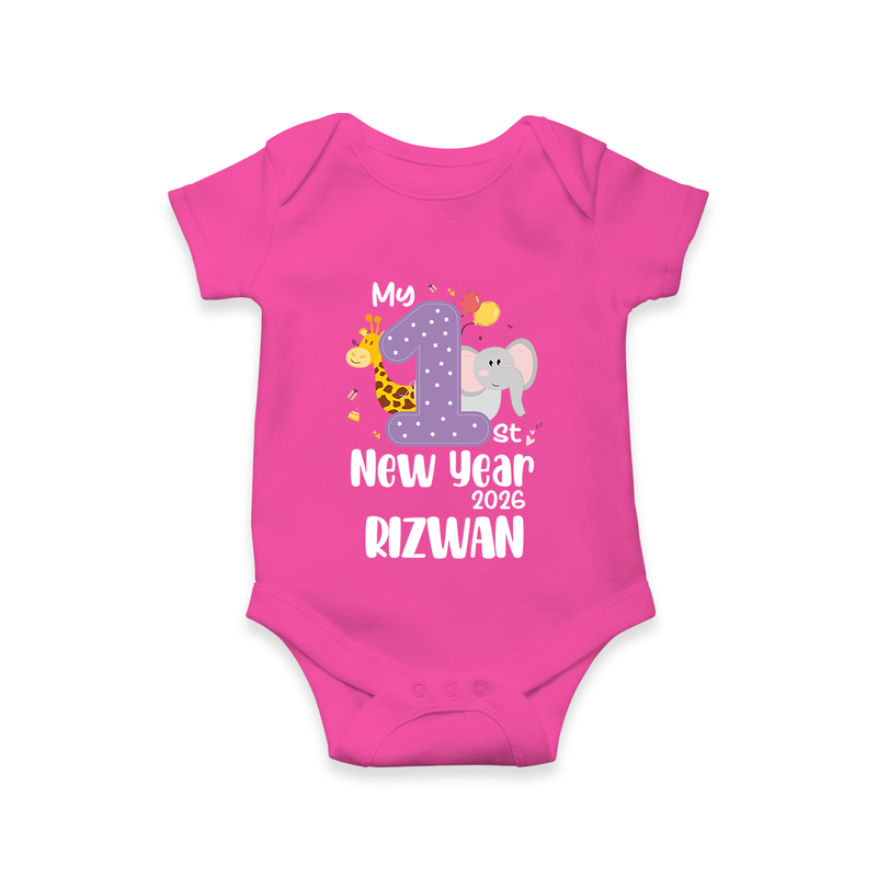 My 1st New Year 2026 – Animal Theme | Personalised Romper for Kids - HOT PINK - New Born (Chest 14")