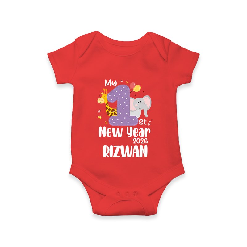 My 1st New Year 2026 – Animal Theme | Personalised Romper for Kids - RED - New Born (Chest 14")