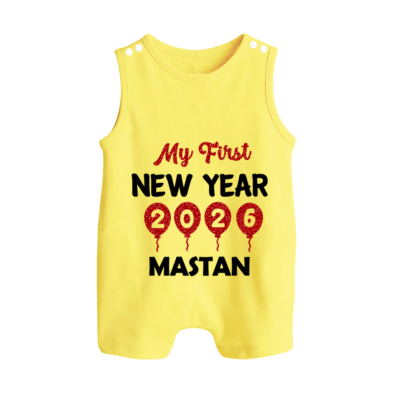 My First New Year 2026 – Gold Balloon Theme | Personalised Romper Suit   - PASTEL YELLOW - 0 - 5 Months Old (Chest 18")