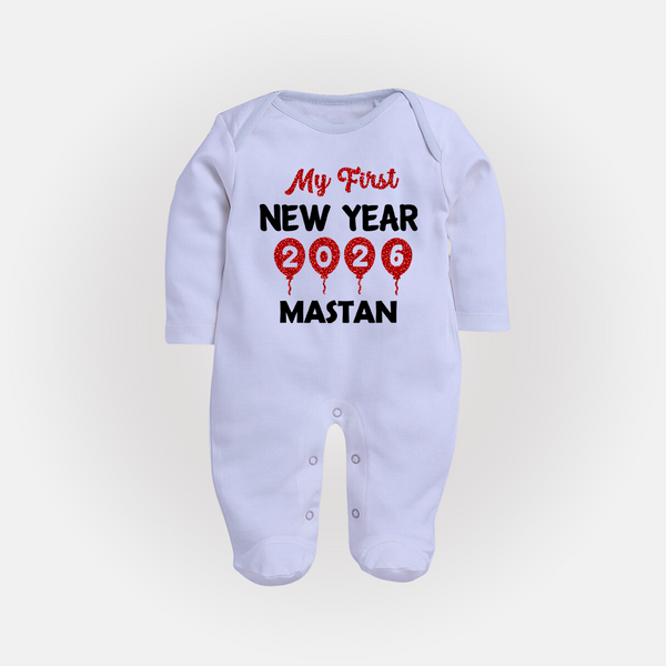 My First New Year 2026 – Gold Balloon Theme | Personalised Fullbody Suit   - BABY BLUE - New Born (Chest 7.5")