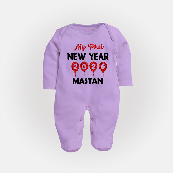 My First New Year 2026 – Gold Balloon Theme | Personalised Fullbody Suit   - LILAC - New Born (Chest 7.5")