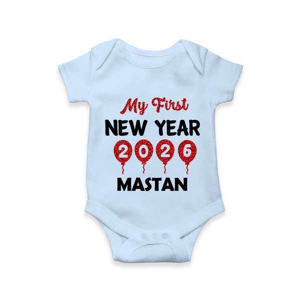 My First New Year 2026 – Gold Balloon Theme | Personalised Romper for Kids - BABY BLUE - New Born (Chest 14")