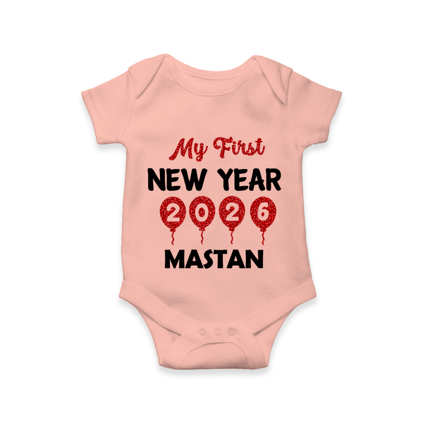 My First New Year 2026 – Gold Balloon Theme | Personalised Romper for Kids - PEACH - New Born (Chest 14")