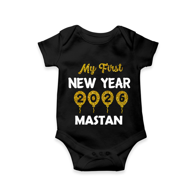 My First New Year 2026 – Gold Balloon Theme | Personalised Romper for Kids - BLACK - New Born (Chest 14")