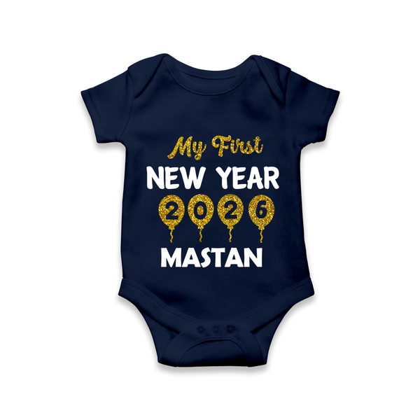 My First New Year 2026 – Gold Balloon Theme | Personalised Romper for Kids - NAVY BLUE - New Born (Chest 14")