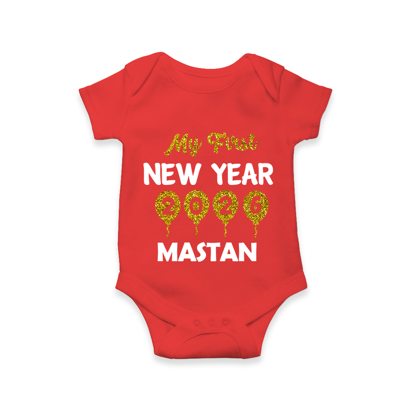 My First New Year 2026 – Gold Balloon Theme | Personalised Romper for Kids - RED - New Born (Chest 14")