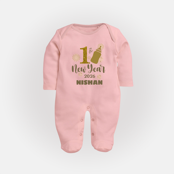 1st New Year 2026 – Baby Bottle | Personalised Fullbody Suit   - BABY PINK - New Born (Chest 7.5")