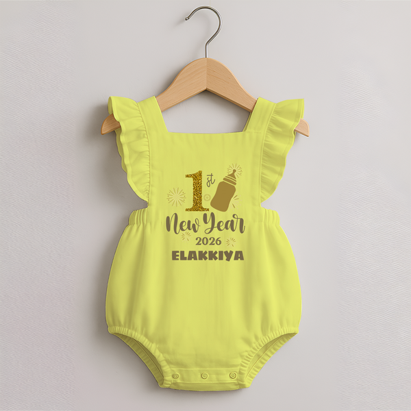 1st New Year 2026 – Baby Bottle | Personalised Romper Frock for Girls - PASTEL YELLOW - 0 - 3 Months Old (Chest 19")