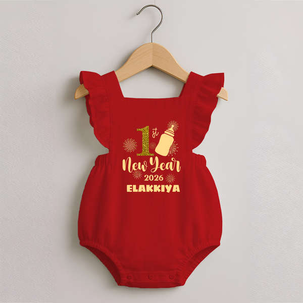 1st New Year 2026 – Baby Bottle | Personalised Romper Frock for Girls - RED - 0 - 3 Months Old (Chest 19")
