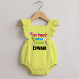 My First New Year – Colorful Party| Customized Romper Frock for Girls - PASTEL YELLOW - 0 - 3 Months Old (Chest 19")