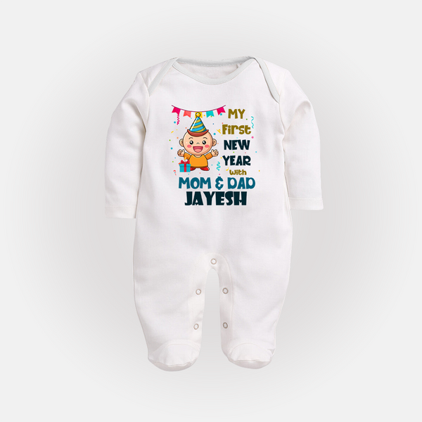 My First New Year With Mom & Dad | Personalised Fullbody Suit   - WHITE - New Born (Chest 7.5")