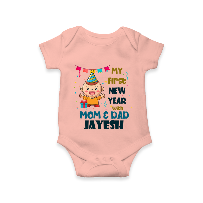 My First New Year With Mom & Dad | Personalised Romper for Kids - PEACH - New Born (Chest 14")