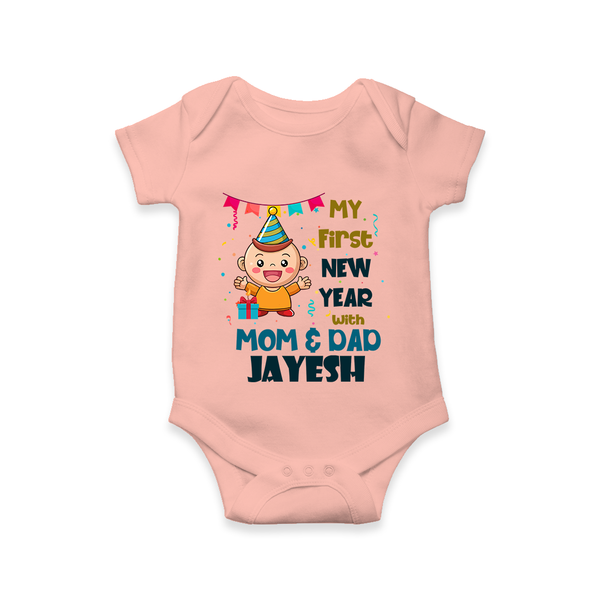 My First New Year With Mom & Dad | Personalised Romper for Kids - PEACH - New Born (Chest 14")