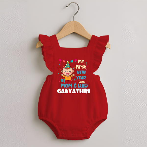 My First New Year With Mom & Dad | Personalised Romper Frock for Girls - RED - 0 - 3 Months Old (Chest 19")