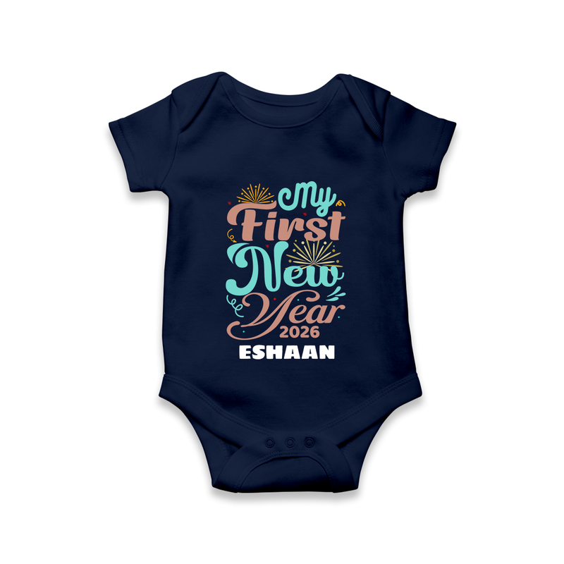 My First New Year 2026 – Pastel Fireworks | Customized Romper for Kids - NAVY BLUE - New Born (Chest 14")