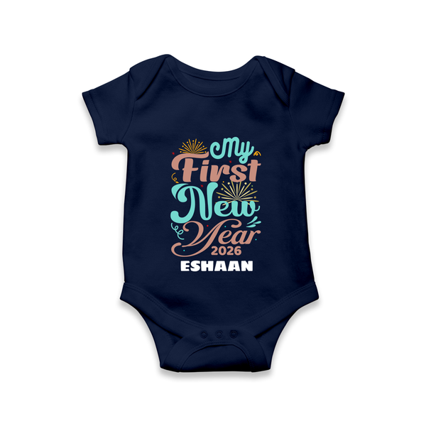 My First New Year 2026 – Pastel Fireworks | Customized Romper for Kids - NAVY BLUE - New Born (Chest 14")