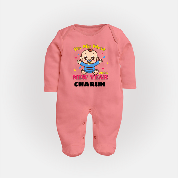 It’s My First New Year 2026 – Baby Cartoon | Personalised Fullbody Suit   - PEACH - New Born (Chest 7.5")