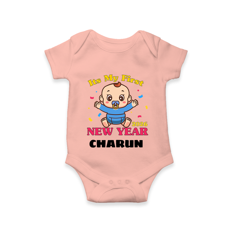 It’s My First New Year 2026 – Baby Cartoon | Personalised Romper for Kids - PEACH - New Born (Chest 14")