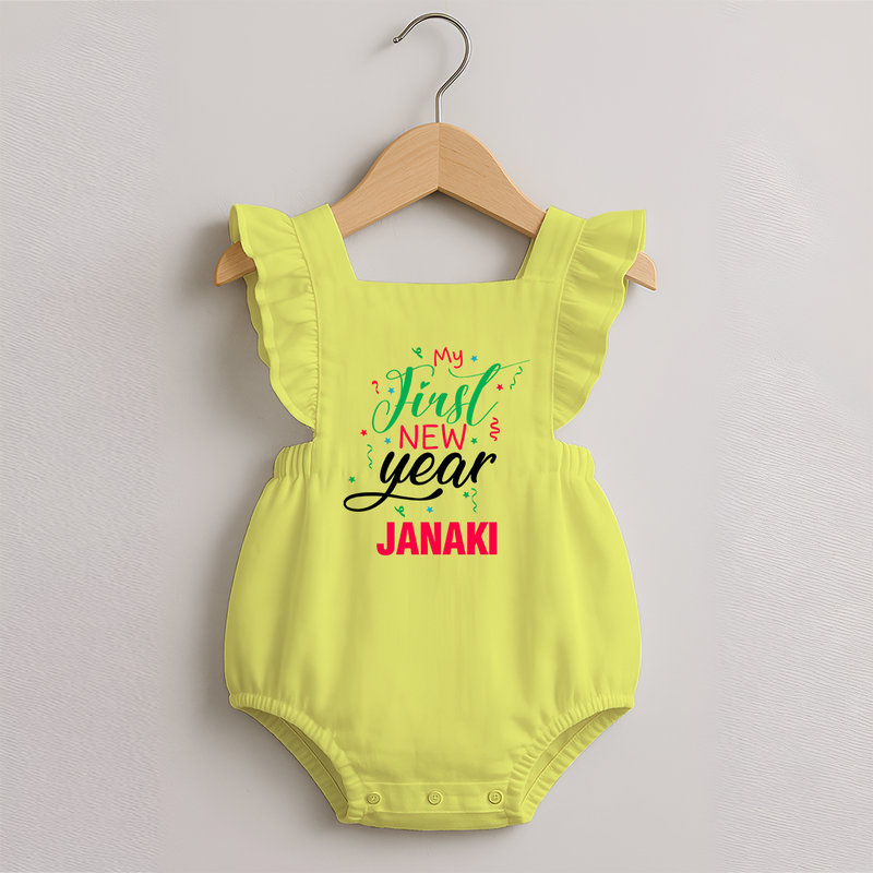 My First New Year | Personalised Romper Frock for Girls - PASTEL YELLOW - 0 - 3 Months Old (Chest 19")