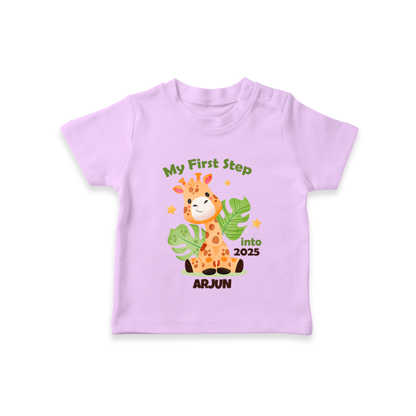 My First Step Into 2025 Customized kids T-Shirt With Name - LILAC - 0-5 Months Old (Chest 17")