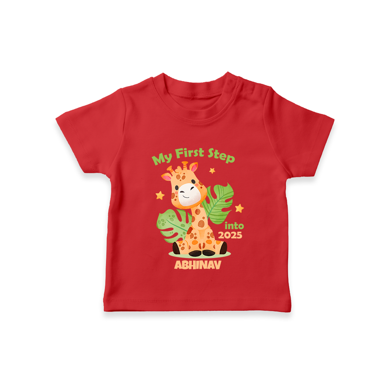 My First Step Into 2025 Customized kids T-Shirt With Name - RED - 0-5 Months Old (Chest 17")