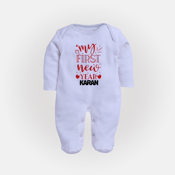 My First New Year – Gold Glitter Script | Personalised Fullbody Suit   - BABY BLUE - New Born (Chest 7.5")