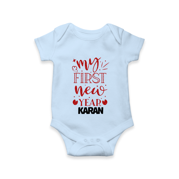 My First New Year – Gold Glitter Script | Personalised Romper for Kids - BABY BLUE - New Born (Chest 14")