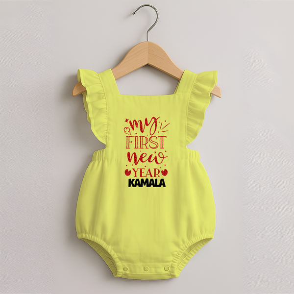 My First New Year – Gold Glitter Script | Personalised Romper Frock for Girls - PASTEL YELLOW - 0 - 3 Months Old (Chest 19")