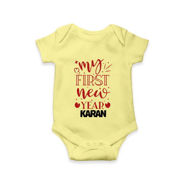 My First New Year – Gold Glitter Script | Personalised Romper for Kids - PASTEL YELLOW - New Born (Chest 14")