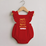 My First New Year – Gold Glitter Script | Personalised Romper Frock for Girls - RED - 0 - 3 Months Old (Chest 19")