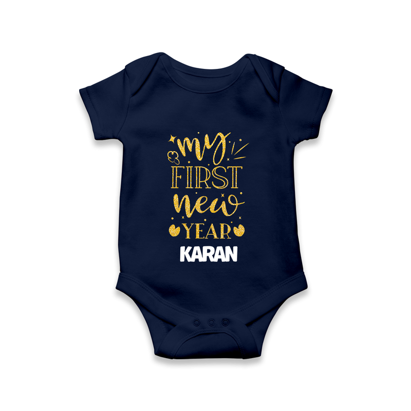 My First New Year – Gold Glitter Script | Personalised Romper for Kids - NAVY BLUE - New Born (Chest 14")
