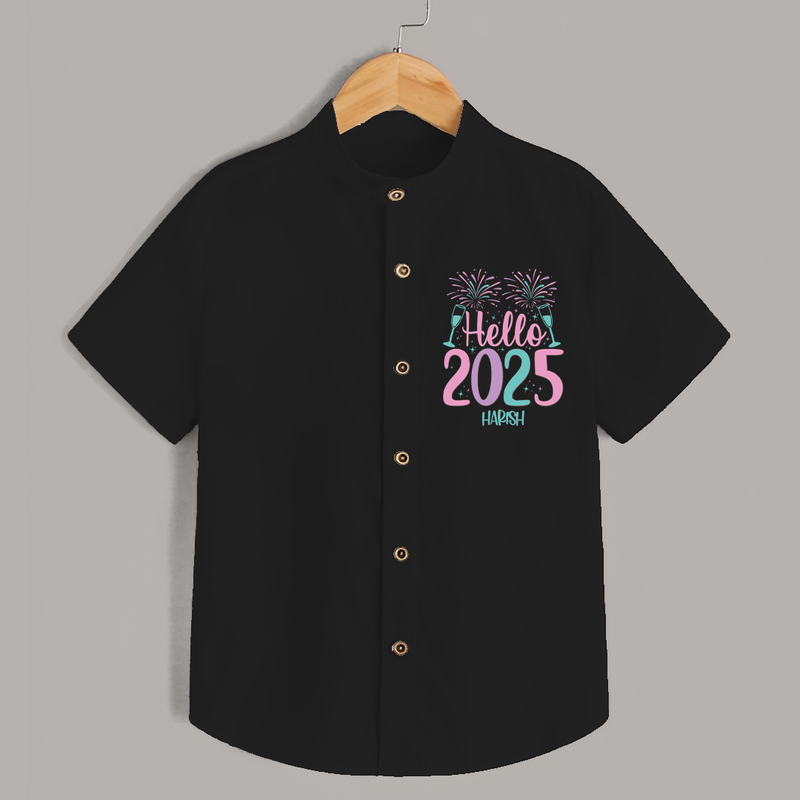 "Hello 2025" - New Year Themed Customized Shirt For Kids With Name - BLACK - 0 - 6 Months Old (Chest 23")