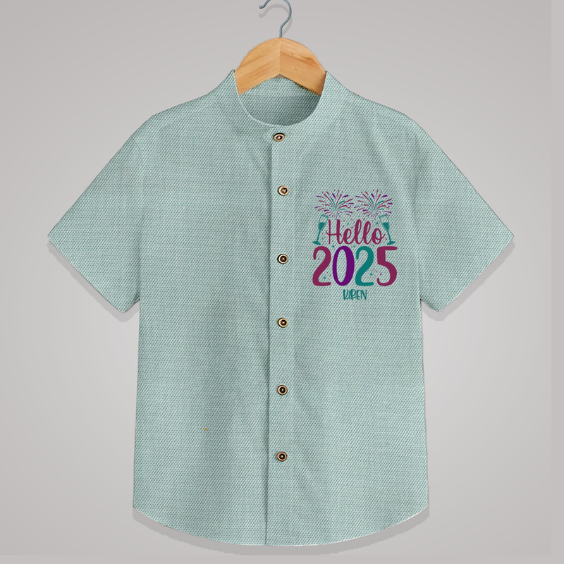 "Hello 2025" - New Year Themed Customized Shirt For Kids With Name - ARCTIC BLUE - 0 - 6 Months Old (Chest 23")