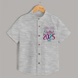 "Hello 2025" - New Year Themed Customized Shirt For Kids With Name - GREY MELANGE - 0 - 6 Months Old (Chest 23")