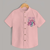 "Hello 2025" - New Year Themed Customized Shirt For Kids With Name - PEACH - 0 - 6 Months Old (Chest 23")