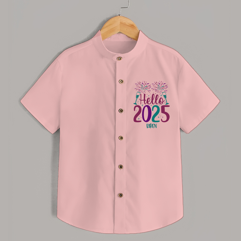 "Hello 2025" - New Year Themed Customized Shirt For Kids With Name - PEACH - 0 - 6 Months Old (Chest 23")