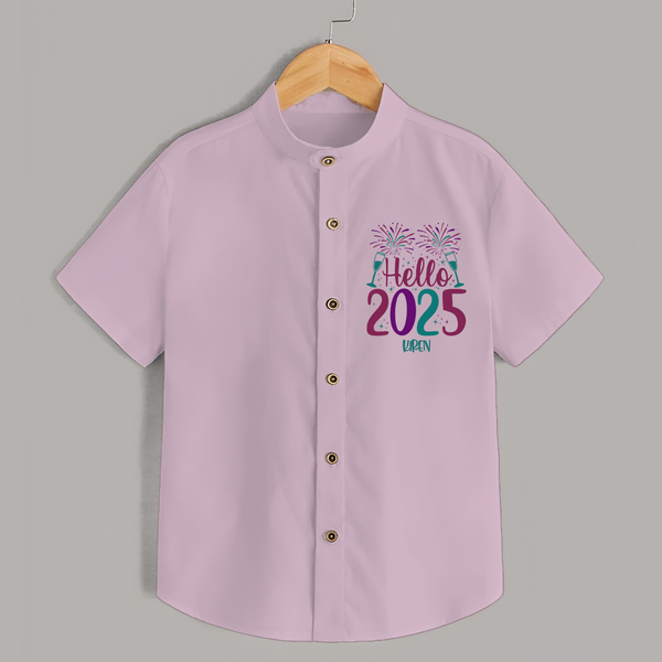 "Hello 2025" - New Year Themed Customized Shirt For Kids With Name - PINK - 0 - 6 Months Old (Chest 23")