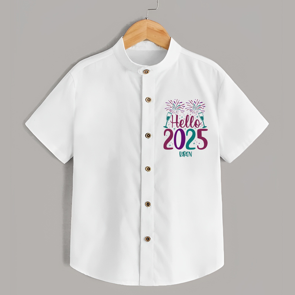 "Hello 2025" - New Year Themed Customized Shirt For Kids With Name - WHITE - 0 - 6 Months Old (Chest 23")