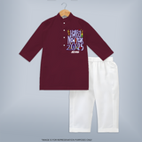 "Happy New Year 2025 - A Happy Beginning With Our Customized Kurta Set for Kids With Name" - MAROON - 3 - 6 Months Old (Chest 24", Kurta Length 14'', Waist 19", Pant Length 14")