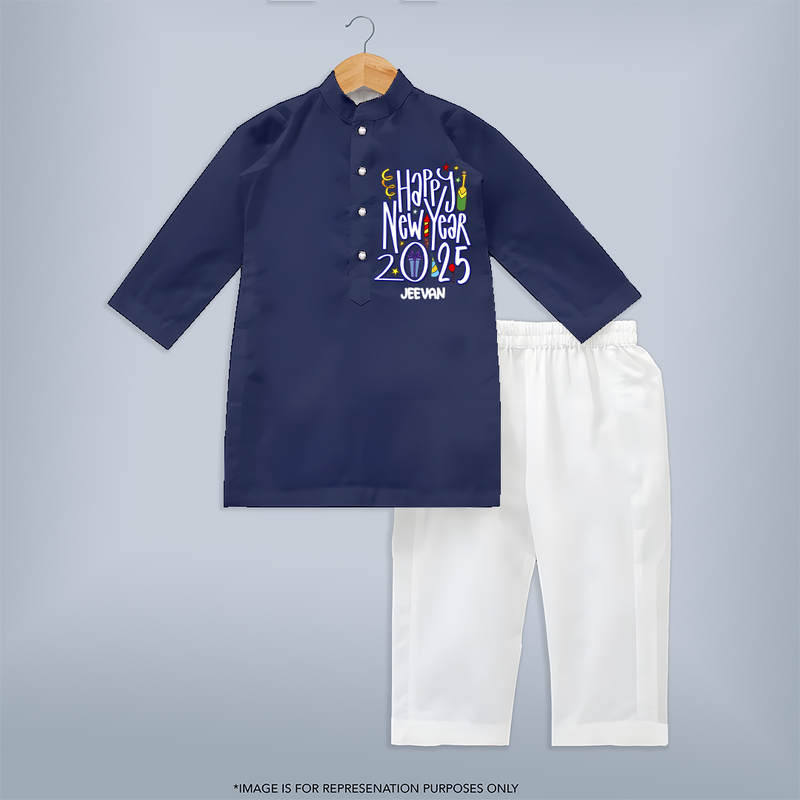 "Happy New Year 2025 - A Happy Beginning With Our Customized Kurta Set for Kids With Name" - NAVY BLUE - 3 - 6 Months Old (Chest 24", Kurta Length 14'', Waist 19", Pant Length 14")