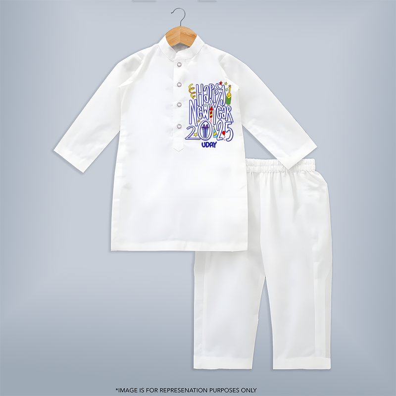 "Happy New Year 2025 - A Happy Beginning With Our Customized Kurta Set for Kids With Name" - WHITE - 3 - 6 Months Old (Chest 24", Kurta Length 14'', Waist 19", Pant Length 14")