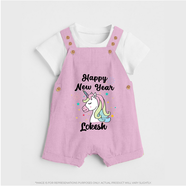 Happy New Year – Unicorn| Customized Dungaree for Kids - BABY PINK - 0 - 5 Months Old (Chest 18")