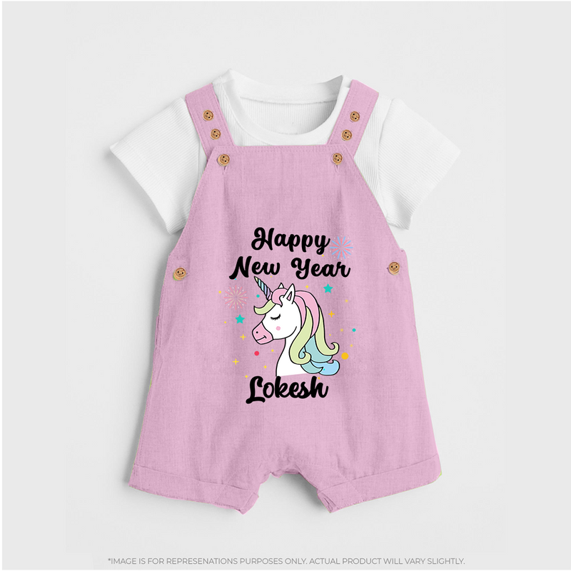 Happy New Year – Unicorn| Customized Dungaree for Kids - BABY PINK - 0 - 5 Months Old (Chest 18")