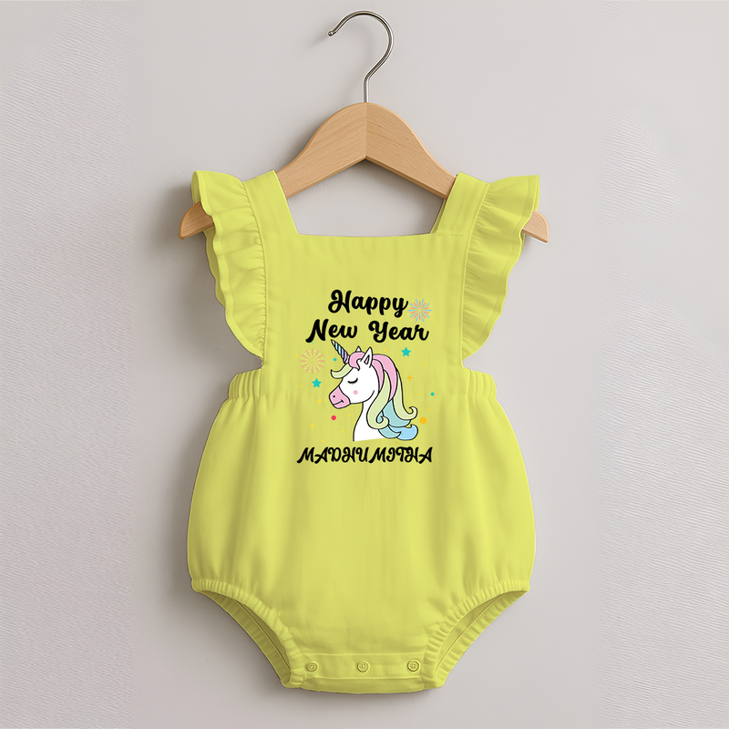 Happy New Year – Unicorn| Customized Romper Frock for Girls - PASTEL YELLOW - 0 - 3 Months Old (Chest 19")