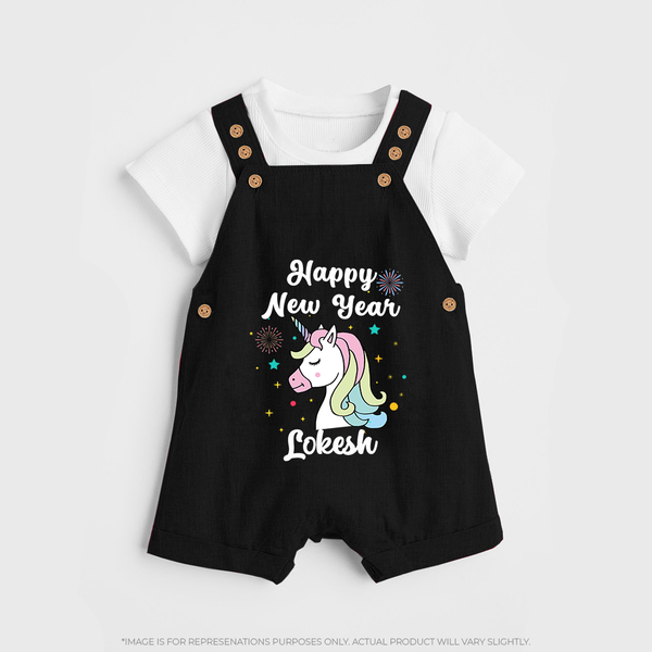 Happy New Year – Unicorn| Customized Dungaree for Kids - BLACK - 0 - 5 Months Old (Chest 18")