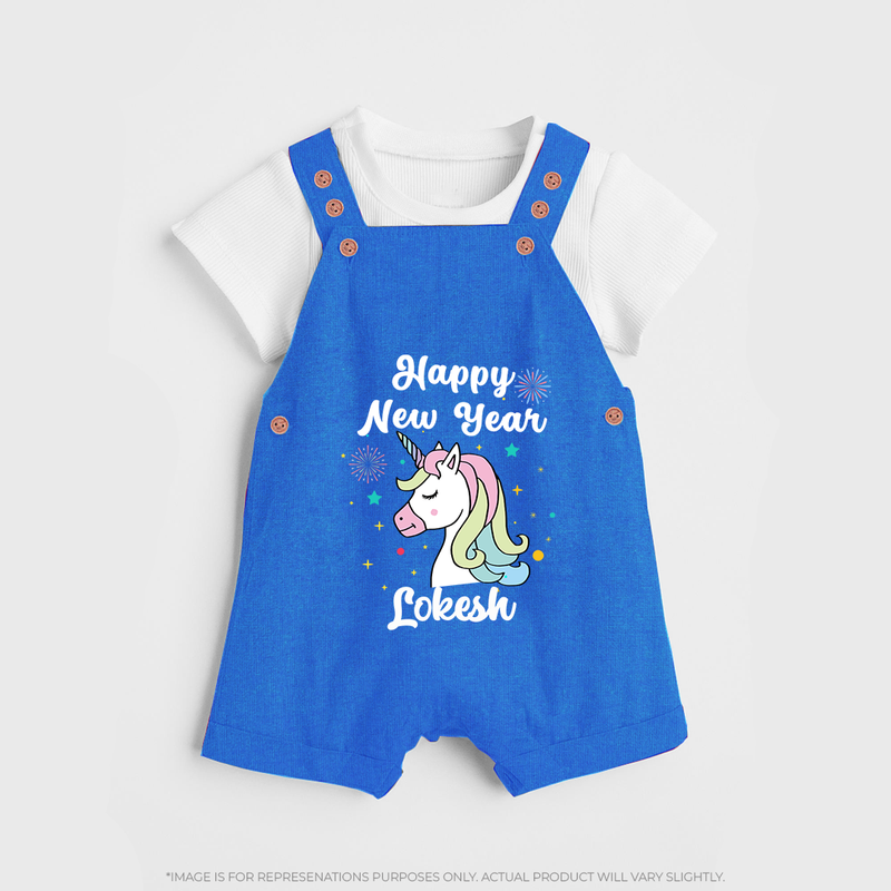 Happy New Year – Unicorn| Customized Dungaree for Kids - COBALT BLUE - 0 - 5 Months Old (Chest 18")