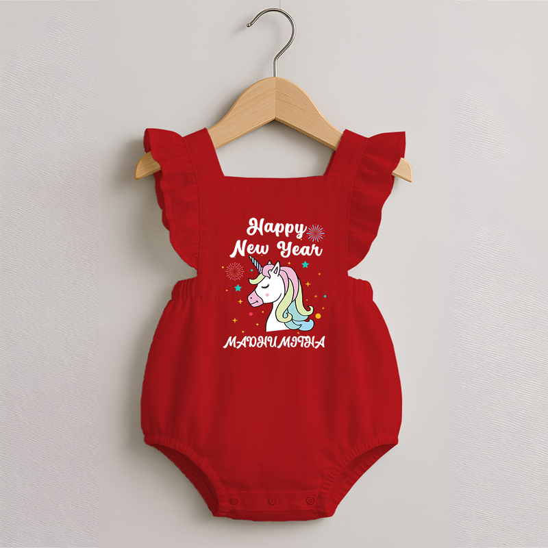 Happy New Year – Unicorn| Customized Romper Frock for Girls - RED - 0 - 3 Months Old (Chest 19")