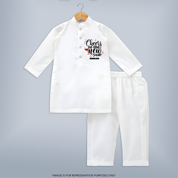 "Cheers To The New Year" - New Year Themed Customized Kurta set For Kids With Name - WHITE - 3 - 6 Months Old (Chest 24", Kurta Length 14'', Waist 19", Pant Length 14")