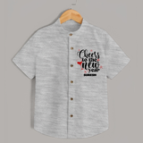 "Cheers To The New Year" - New Year Themed Customized Shirt For Kids With Name - GREY MELANGE - 0 - 6 Months Old (Chest 23")